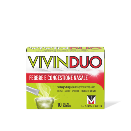 VivinDuo Febbre e Congestione Nasale 500 mg Paracetamolo/60 mg Pseudoefedrina Cloridrato 10 Bustine