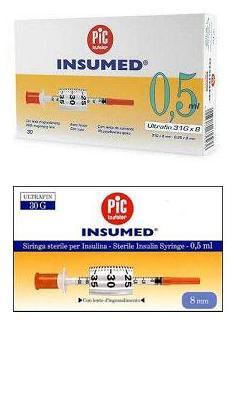 SIRINGA PER INSULINA PIC INSUMED 0,5 ML 100 UI AGO GAUGE 30 LUNGHEZZA 8 MM SENZA SPAZIO MORTO 3 SACCHETTI DA 10 PEZZI - Farmacia Mastrangelo 