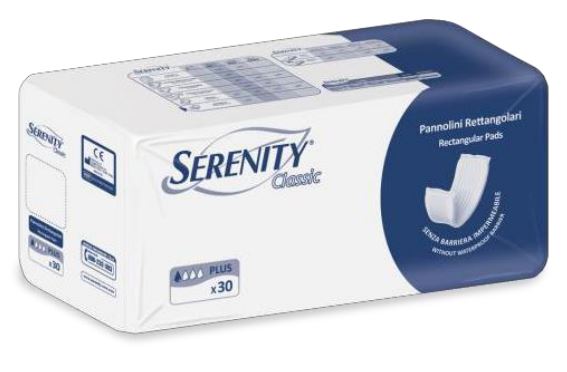 PANNOLONE PER INCONTINENZA RETTANGOLARE SENZA BARRIERA IMPERMEABILE SERENITY CLASSIC 30 PEZZI - Farmacia Mastrangelo 