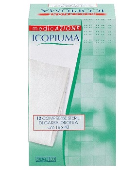 ICOPIUMA GARZA COMPRESSA IDROFILA IN COTONE PIEGATA STERILE SENZA FILO DI BARIO TITOLO 12/8 MISURA 18X40 CM IN BUSTA SINGOLA 12 PEZZI - Farmacia Mastrangelo 
