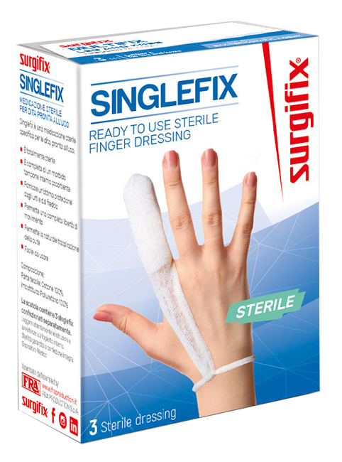 MEDICAZIONE STERILE PER DITO SINGLEFIX, COSTITUITA DA UNA GUAINA IN COTONE E DA UN'IMBOTTITURA INTERNA ASSORBENTE. SI APPLICA DIRETTAMENTE SULLA FERITA E SI FISSA AL POLSO - Farmacia Mastrangelo 