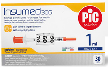 SIRINGA INSULINA PIC INSUMED 1 ML 100 UI AGO GAUGE 30 12,7 MM SENZA SPAZIO MORTO 30 PEZZI - Farmacia Mastrangelo 