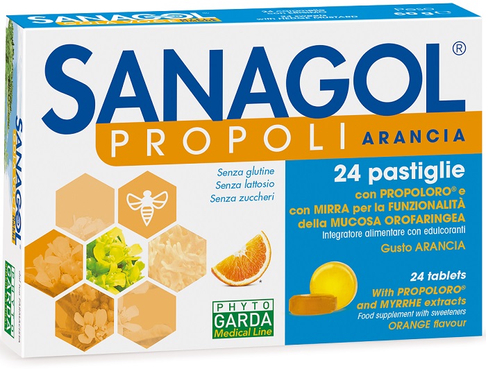 SANAGOL PROPOLI SENZA ZUCCHERO ARANCIA 24 CARAMELLE - Farmacia Mastrangelo 