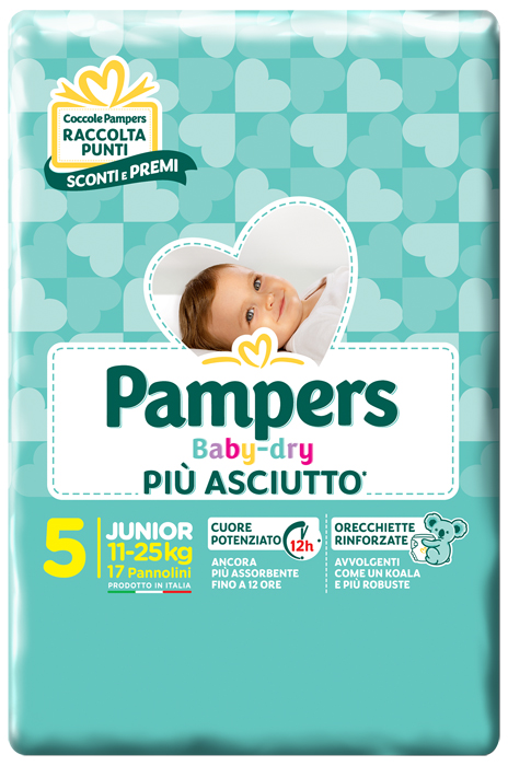 PANNOLINI PER BAMBINI PAMPERS BABY DRY DOWNCOUNT NO FLASH JUNIOR 17 PEZZI - Farmacia Mastrangelo 