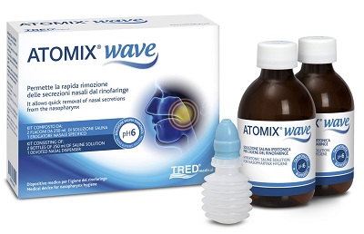 ATOMIX WAVE DISPOSITIVO PER IGIENE RINOFARINGEA ATOMIX SOLUZIONE SALINA 250 ML 2 PEZZI + TERMINALE NASALE + EROGATORE A SOFFIETTO - Farmacia Mastrangelo 