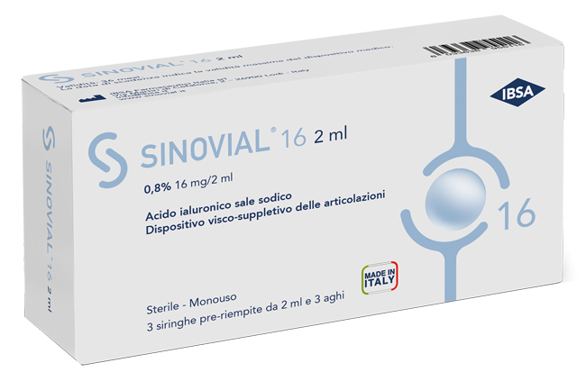 SIRINGA INTRA-ARTICOLARE SINOVIAL 16 ACIDO IALURONICO SALE SODICO 0,8% 16MG/2ML 3 SIRINGHE X 2ML + 3 AGHI - Farmacia Mastrangelo 