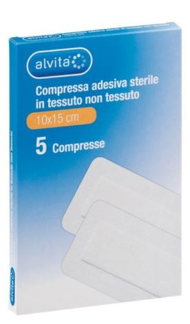 ALVITA GARZA COMPRESSA ADESIVA STERILE IN TESSUTO NON TESSUTO ESTENSIBILE BIANCO 10X15CM 5 PEZZI - Farmacia Mastrangelo 