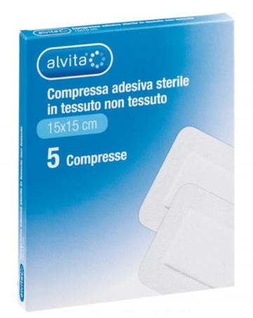 ALVITA GARZA COMPRESSA ADESIVA STERILE IN TESSUTO NON TESSUTO ESTENSIBILE BIANCO 15X15CM 5 PEZZI - Farmacia Mastrangelo 