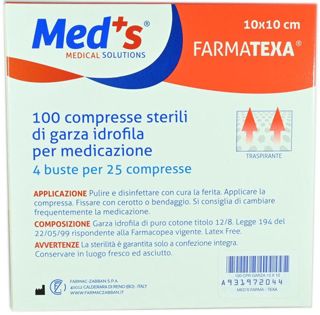 GARZA COMPRESSA IDROFILA MEDS FARMATEXA 2/8 10X10CM 100 PEZZI - Farmacia Mastrangelo 