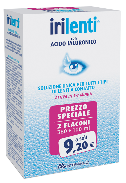 SOLUZIONE UNICA PER LENTI A CONTATTO IRILENTI CON ACIDO IALURONICO 2 FLACONI DA 360 ML + 100 ML - Farmacia Mastrangelo 