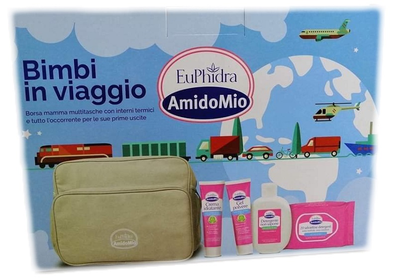 EUPHIDRA AMIDOMIO BORSA BIMBI VIAGGIO GEL POLVERE 50 ML + DETERGENTE NON SAPONE 200 ML + CREMA IDRATANTE 50 ML + SALVIETTINE 20 PEZZI - Farmacia Mastrangelo 