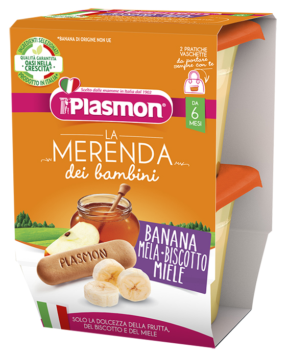 PLASMON LA MERENDA DEI BAMBINI MERENDE BANANA MELA BISCOTTO MIELE ASETTICO 2 X 120 G - Farmacia Mastrangelo 