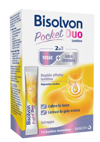 BISOLVON DUO POCKET LENITIVO TOSSE + GOLA IRRITATA A BASE DI MIELE E ALTEA 14 BUSTINE MONODOSE 10 ML - Farmacia Mastrangelo 
