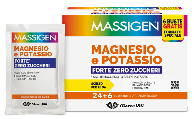 MASSIGEN MAGNESIO POTASSIO FORTE ZERO ZUCCHERO 24 BUSTINE + 6 BUSTINE - Farmacia Mastrangelo 