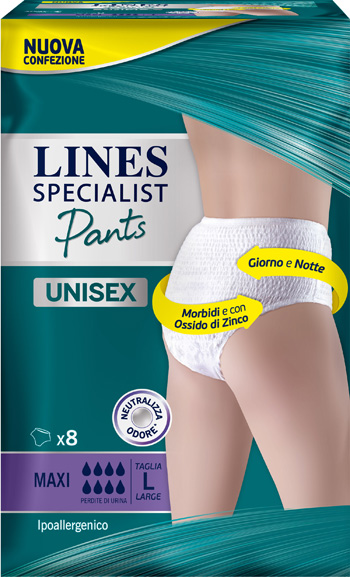 LINES SPECIALIST PANTS MAXI L X 8 PANNOLONE MUTANDINA INDOSSABILE COME NORMALE BIANCHERIA TIPO PULL-ON - Farmacia Mastrangelo 