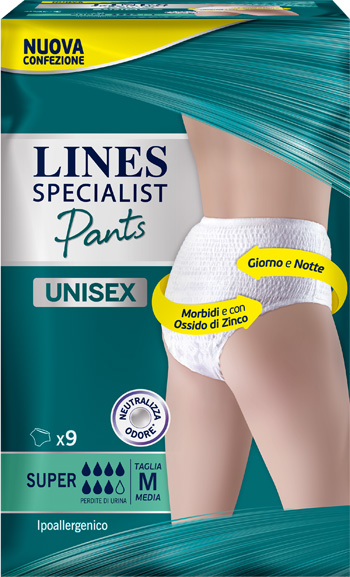 LINES SPECIALIST PANTS SUPER M X 9 PANNOLONE MUTANDINA INDOSSABILE COME NORMALE BIANCHERIA TIPO PULL-ON - Farmacia Mastrangelo 