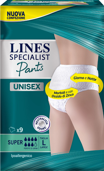 LINES SPECIALIST PANTS SUPER L X 9 PANNOLONE MUTANDINA INDOSSABILE COME NORMALE BIANCHERIA TIPO PULL-ON - Farmacia Mastrangelo 