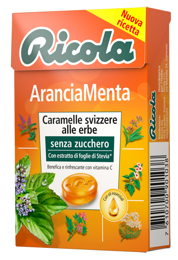 RICOLA ARANCIA MENTA SENZA ZUCCHERO 50 G - Farmacia Mastrangelo 