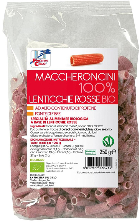 LA FINESTRA SUL CIELO MACCHERONCINI LENTICCHE ROSSE BIO 250 G - Farmacia Mastrangelo 