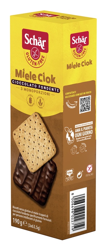 SCHAR MIELE CIOK BISCOTTI AL MIELE RICOPERTI DI CIOCCOLATO FONDENTE 3 PORZIONI DA 63,5 G - Farmacia Mastrangelo 