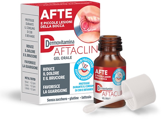 DERMOVITAMINA AFTACLIN GEL ORALE 7 ML CONTRO DOLORE E BRUCIONE SENZA ZUCCHERO E SENZA GLUTINE - Farmacia Mastrangelo 