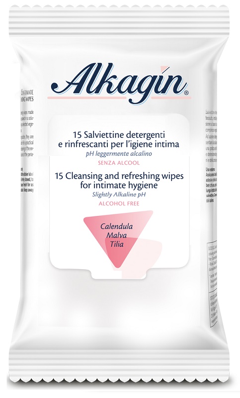 ALKAGIN SALVIETTINE DETERGENTI E RINFRESCANTI PER L'IGIENE INTIMA PH LEGGERMENTE ALCALINO SENZA ALCOOL 15 PEZZI CALENDULA MALVA E TILIA - Farmacia Mastrangelo 