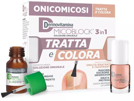 DERMOVITAMINA MICOBLOCK 3 IN 1 TRATTA E COLORA SOLUZIONE UNGUEALE 7 ML + SMALTO IDRATANTE TRASPIRANTE 5 ML - Farmacia Mastrangelo 