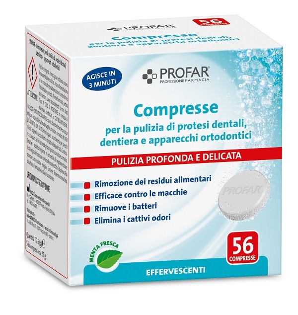 PROFAR COMPRESSE PULIZIA PROTESI DENTALI-DENTIERA-APPARECCHI ORTODONTICI 56 PEZZI - Farmacia Mastrangelo 