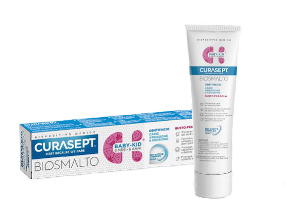CURASEPT BIOSMALTO DENTIFRICIO BABY KID FRAGOLA CARIE ABRASIONE & EROSIONE 50 ML - Farmacia Mastrangelo 