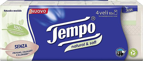 TEMPO FAZZOLETTI NATURAL&SOFT 10 PEZZI DA 9 FAZZOLETTI - Farmacia Mastrangelo 