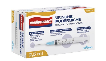SIRINGA IPODERMICA MEDIPRESTERIL AGO 23 GAUGE 1 1/4 0,6X30MM 2,5 ML 10 PEZZI - Farmacia Mastrangelo 