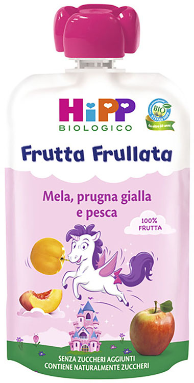 HIPP BIO FRUTTA FRULLATA UNICORNO MELA PRUGNA GIALLA PESCA 90 G - Farmacia Mastrangelo 