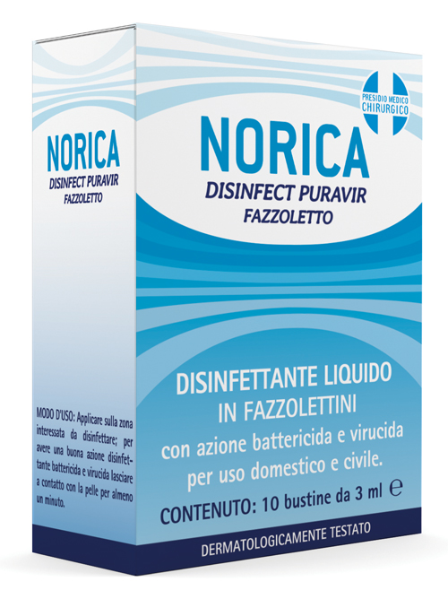 NORICA DISINFECT PURAVIR FAZZOLETTO 10 BUSTINE DA 3 ML - Farmacia Mastrangelo 