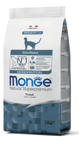 MONGE CAT STERILIZED MONOPROTEIN TROTA 1,5 KG - Farmacia Mastrangelo 