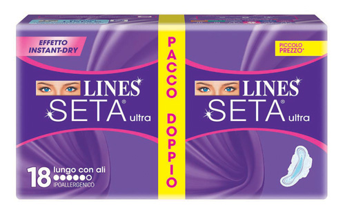 LINES SETA ULTRA ASSORBENTE LUNGO CON ALI 18 PEZZI - Farmacia Mastrangelo 