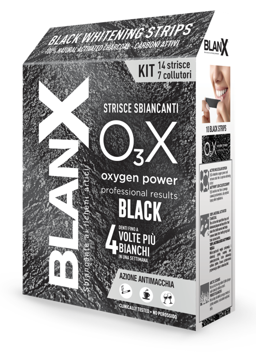 BLANX O3X BLACK STRISCE SBIANCANTI E ANTIMACCHIA 14 PEZZI - Farmacia Mastrangelo 