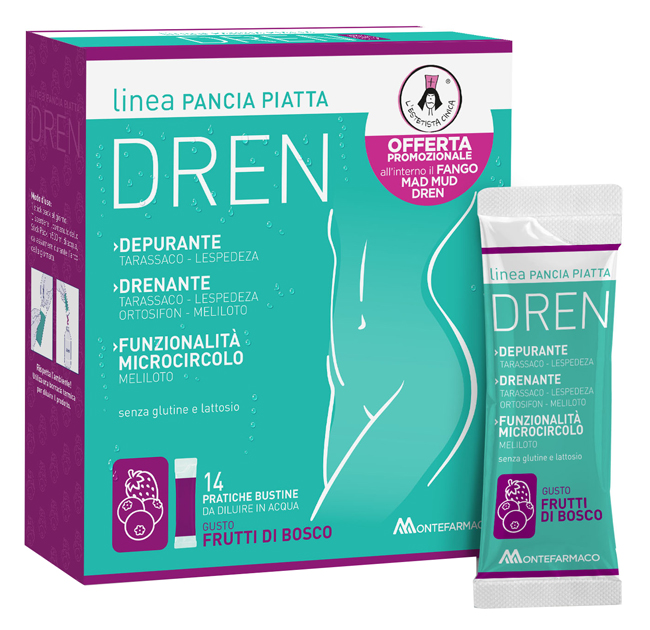 PANCIA PIATTA DREN FRUTTI DI BOSCO 14 BUSTINE STICK PACK + FANGO ATTIVO CELLULITE 100 ML OMAGGIO - Farmacia Mastrangelo 