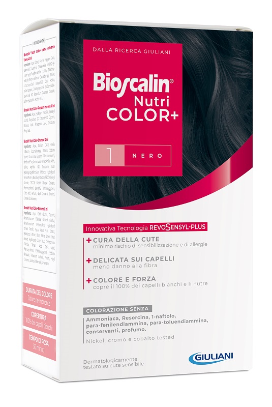 BIOSCALIN NUTRICOLOR PLUS 1 NERO CREMA COLORANTE 40 ML + RIVELATORE CREMA 60 ML + SHAMPOO 12 ML + TRATTAMENTO FINALE BALSAMO 12 ML - Farmacia Mastrangelo 
