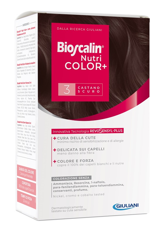 BIOSCALIN NUTRICOLOR PLUS 3 CASTANO SCURO CREMA COLORANTE 40 ML + RIVELATORE CREMA 60 ML + SHAMPOO 12 ML + TRATTAMENTO FINALE BALSAMO 12 ML - Farmacia Mastrangelo 