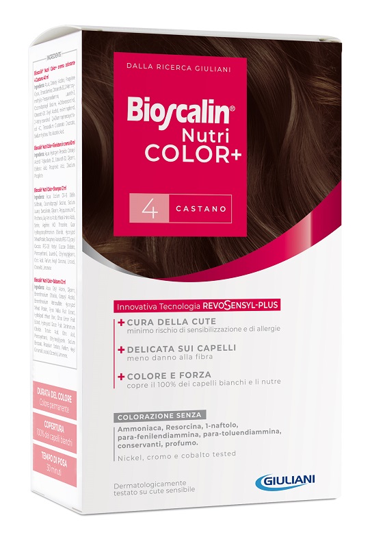 BIOSCALIN NUTRICOLOR PLUS 4 CASTANO CREMA COLORANTE 40 ML + RIVELATORE CREMA 60 ML + SHAMPOO 12 ML + TRATTAMENTO FINALE BALSAMO 12 ML - Farmacia Mastrangelo 