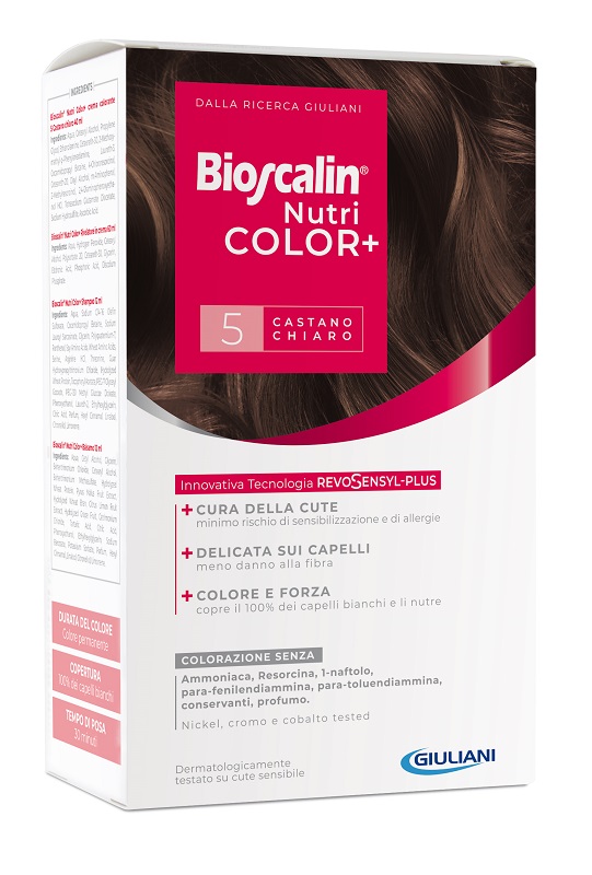 BIOSCALIN NUTRICOLOR PLUS 5 CASTANO CHIARO CREMA COLORANTE 40 ML + RIVELATORE CREMA 60 ML + SHAMPOO 12 ML + TRATTAMENTO FINALE BALSAMO 12 ML - Farmacia Mastrangelo 