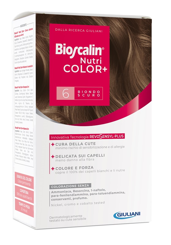 BIOSCALIN NUTRICOLOR PLUS 6 BIONDO SCURO CREMA COLORANTE 40 ML + RIVELATORE CREMA 60 ML + SHAMPOO 12 ML + TRATTAMENTO FINALE BALSAMO 12 ML - Farmacia Mastrangelo 