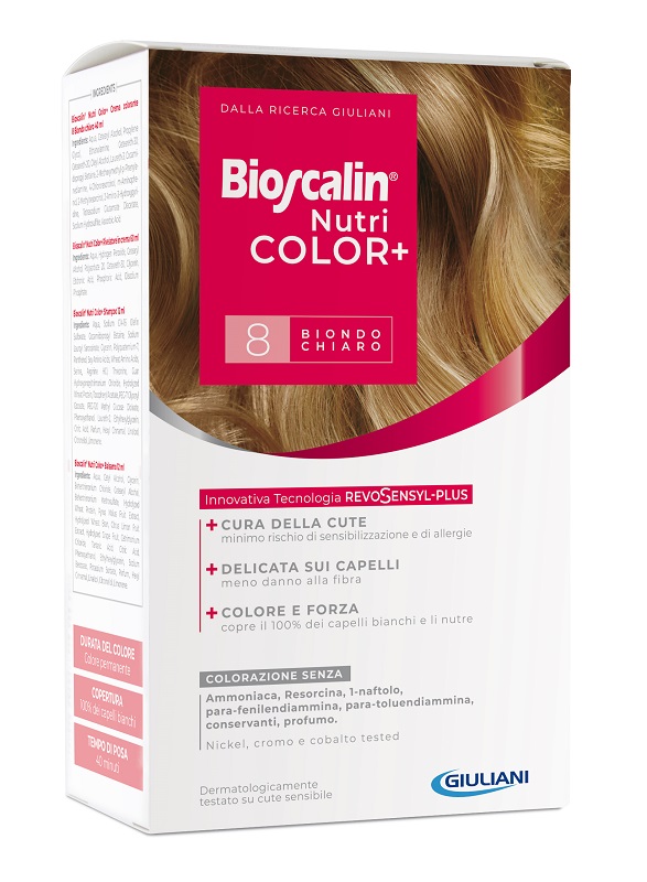 BIOSCALIN NUTRICOLOR PLUS 8 BIONDO CHIARO CREMA COLORANTE 40 ML + RIVELATORE CREMA 60 ML + SHAMPOO 12 ML + TRATTAMENTO FINALE BALSAMO 12 ML - Farmacia Mastrangelo 