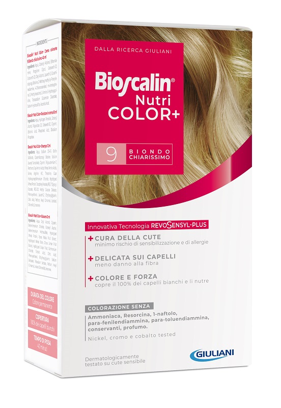BIOSCALIN NUTRICOLOR PLUS 9 BIONDO CHIARISSIMO CREMA COLORANTE 40 ML + RIVELATORE CREMA 60 ML + SHAMPOO 12 ML + TRATTAMENTO FINALE BALSAMO 12 ML - Farmacia Mastrangelo 