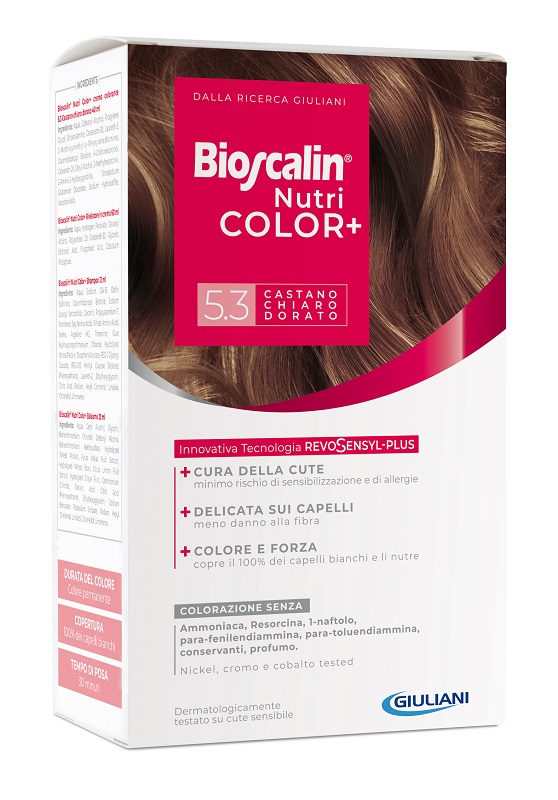 BIOSCALIN NUTRICOLOR PLUS 5,3 CASTANO CHIARO DORATO CREMA COLORANTE 40 ML + RIVELATORE CREMA 60 ML + SHAMPOO 12 ML + TRATTAMENTO FINALE BALSAMO 12 ML - Farmacia Mastrangelo 