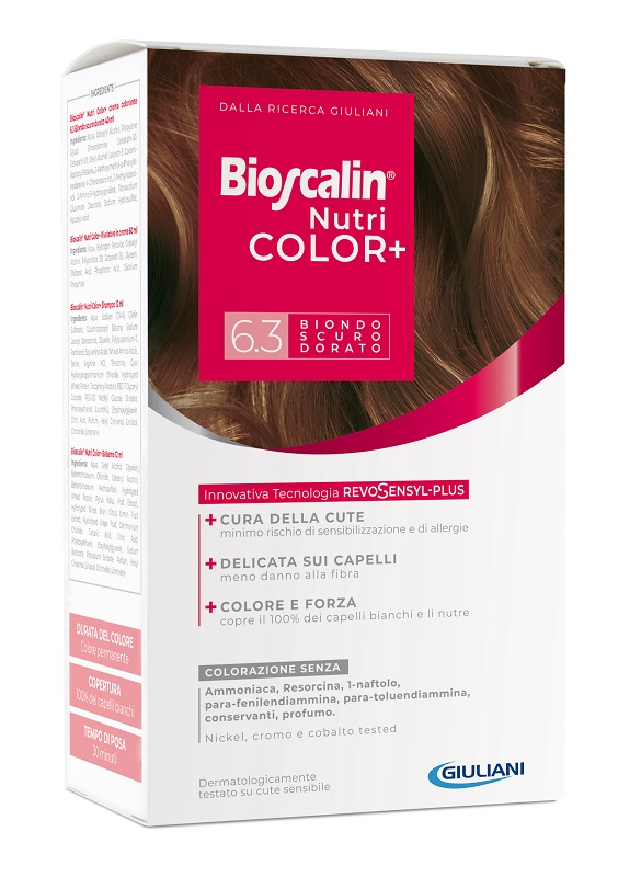 BIOSCALIN NUTRICOLOR PLUS 6,3 BIONDO SCURO DORATO CREMA COLORANTE 40 ML + RIVELATORE CREMA 60 ML + SHAMPOO 12 ML + TRATTAMENTO FINALE BALSAMO 12 ML - Farmacia Mastrangelo 