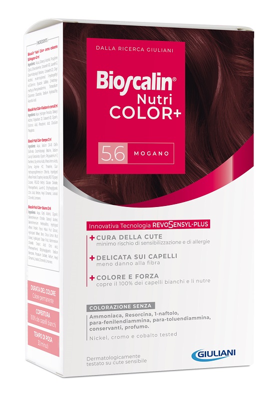 BIOSCALIN NUTRICOLOR PLUS 5,6 MOGANO CREMA COLORANTE 40 ML + RIVELATORE CREMA 60 ML + SHAMPOO 12 ML + TRATTAMENTO FINALE BALSAMO 12 ML - Farmacia Mastrangelo 