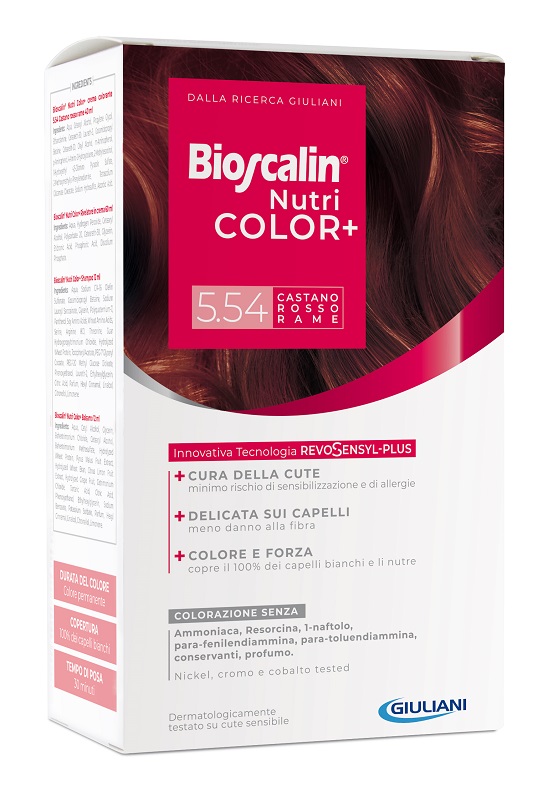 BIOSCALIN NUTRICOLOR PLUS 5,54 CASTANO ROSSO RAME CREMA COLORANTE 40 ML + RIVELATORE CREMA 60 ML + SHAMPOO 12 ML + TRATTAMENTO FINALE BALSAMO 12 ML - Farmacia Mastrangelo 