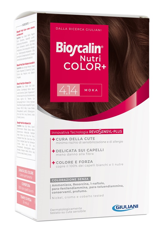 BIOSCALIN NUTRICOLOR PLUS 4,14 MOKA CREMA COLORANTE 40 ML + RIVELATORE CREMA 60 ML + SHAMPOO 12 ML + TRATTAMENTO FINALE BALSAMO 12 ML - Farmacia Mastrangelo 