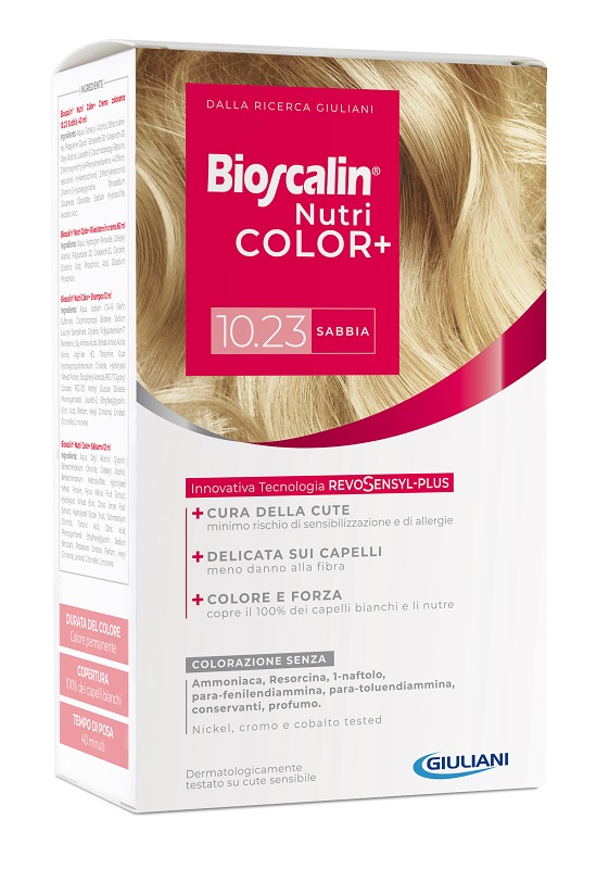 BIOSCALIN NUTRICOLOR PLUS 10,23 SABBIA CREMA COLORANTE 40 ML + RIVELATORE CREMA 60 ML + SHAMPOO 12 ML + TRATTAMENTO FINALE BALSAMO 12 ML - Farmacia Mastrangelo 
